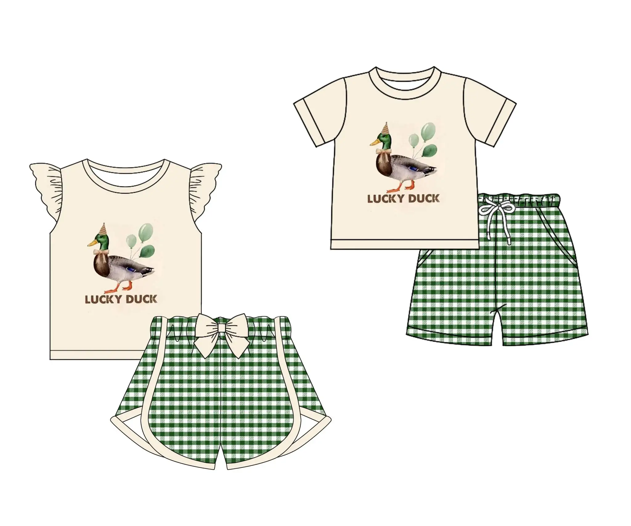 Coleção de St. Parker Duck Green xadrez estampa meninos roupas meninas terno de manga curta irmãos atacado