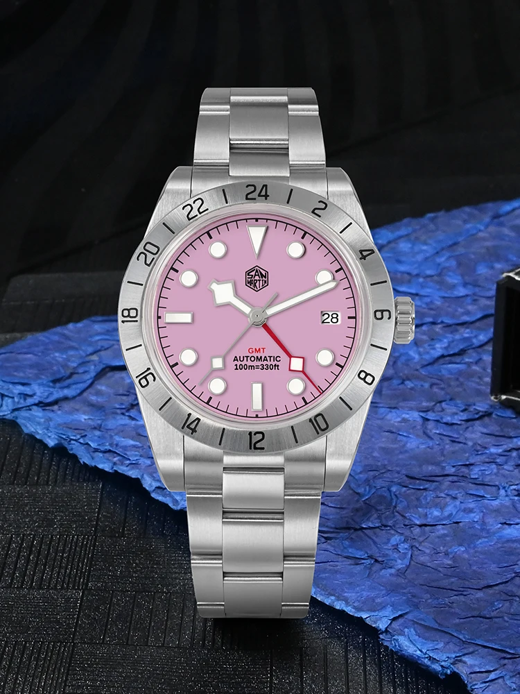 San Martin 39mm Luxury NH34 BB GMT Stainless Steel Pink Dial Wristwatch Mechanical Watches for Men Sapphire Crystal 10Bar SN0054