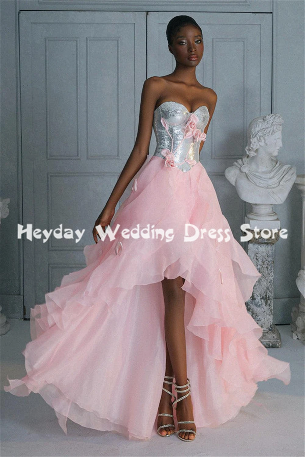 Sukienki balowe Heyday z dekoltem w serduszko, trójwymiarowymi kwiatami, warstwowymi falbanami, bez rękawów, o długości hi-lo, eleganckie sukienki wizytowe 2025