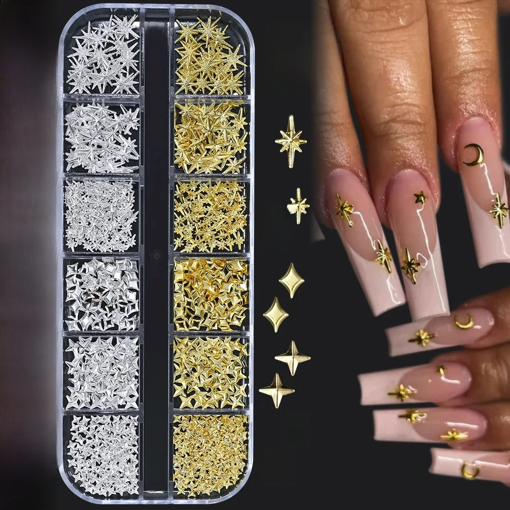 Breloques étoiles métalliques 3D pour Nail Art, 12 grilles, or/argent, Starlight, croix, Rivets, décorations pour ongles, accessoires de manucure en forme d'étoile Y2K