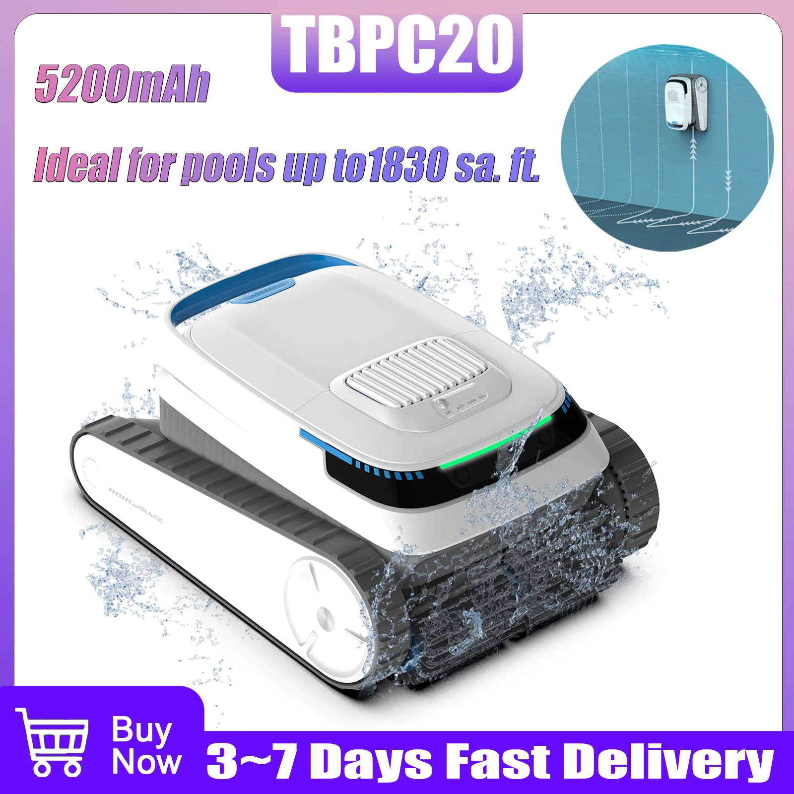 Robot nettoyeur de piscine intelligent TBPC20 pour murs, autonomie de 120 min, pour piscines enterrées et hors sol, sols/murs