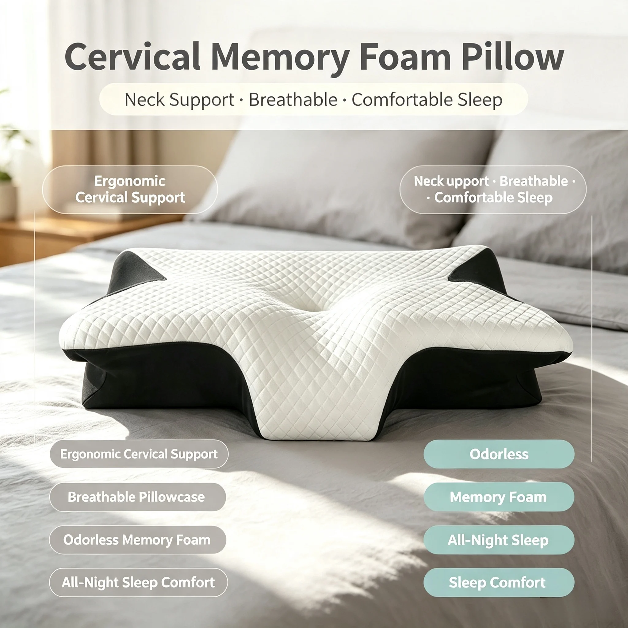 Oreiller ergonomique de soutien cervical en forme de papillon, en mousse à mémoire de forme à rebond lent pour le cou et la colonne vertébrale