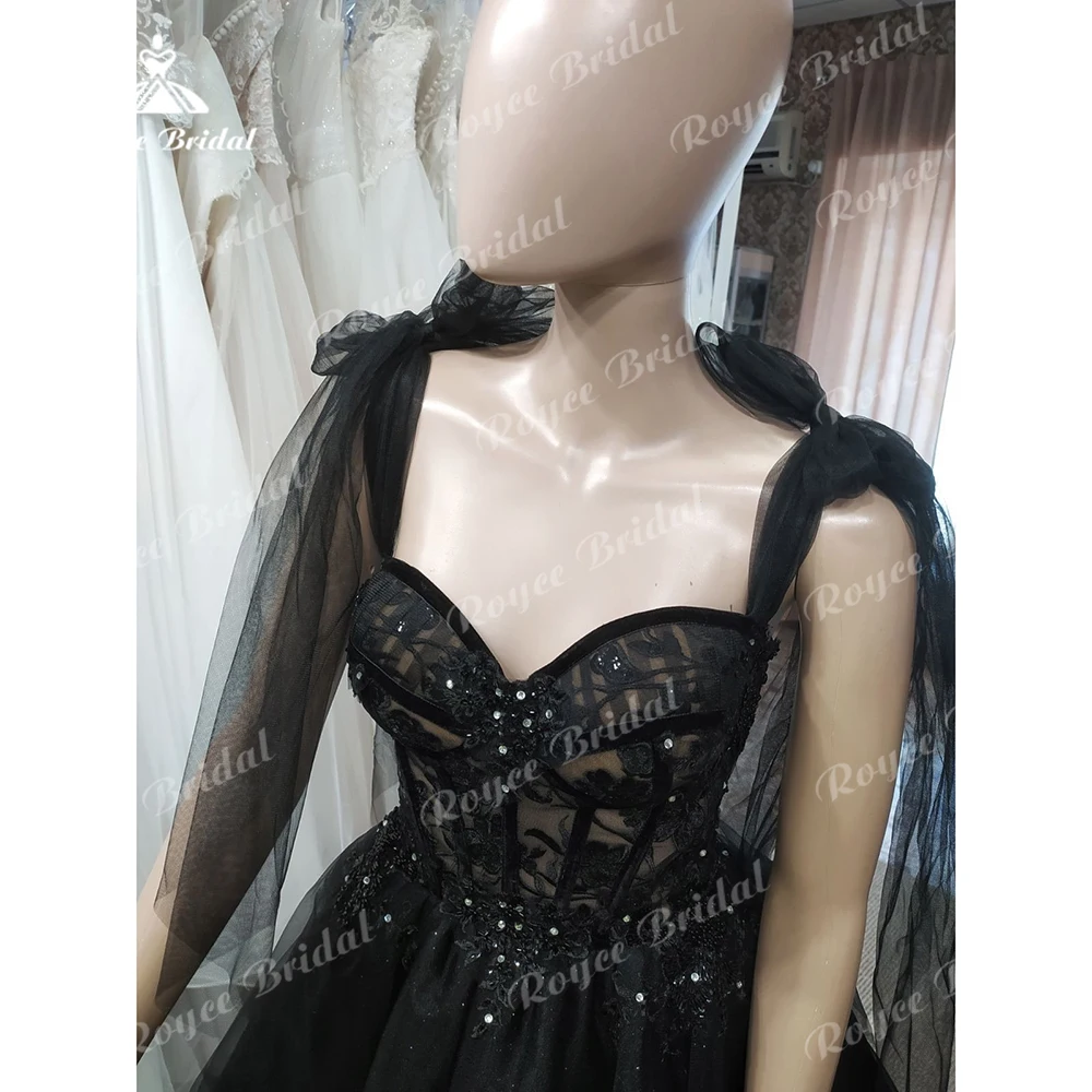 Vestido de casamento sexy preto com renda para mulheres, espartilho querido, laço para cima, corpo de beading, curto, cintas de espaguete, arco, vestido de noiva