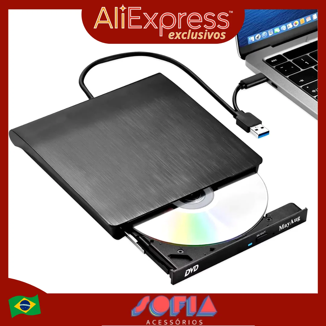 Slim External DVD RW CD Writer, Optical Drive Burner, Portable Player Tray, 2 in 1, USB 3.0, Type C