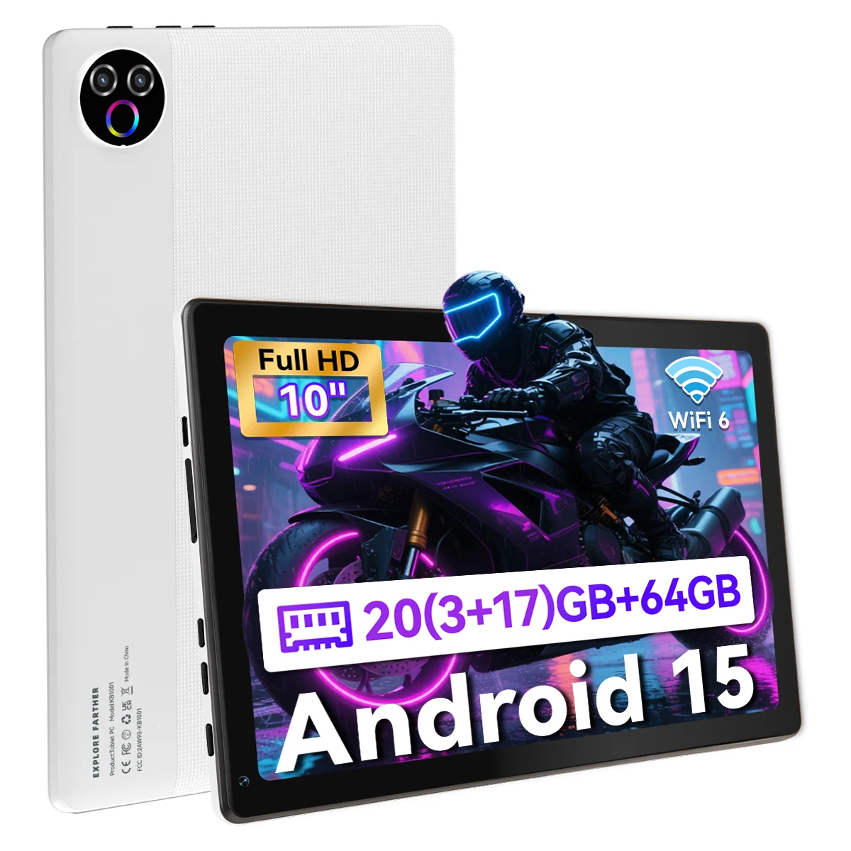 Tablet KB1001 Android 16 Tablet 10 Inch IPS HD Display, 20GB RAM (3+17GB Virtual) 64GB ROM, 1TB TF Expandable, A333 5-Core, WiFi6, Face ID Unlock, 6000mAh Battery Tablet for Study & Entertainment