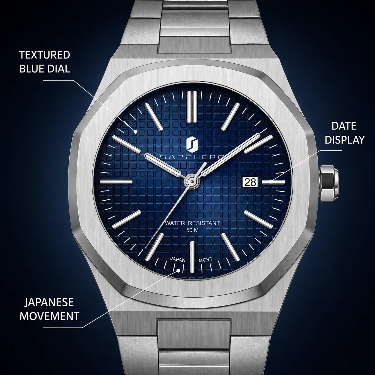 SAPPHERO Luxury Business Men\'s Watch Stainless Steel Waterproof Watch For Men Glowing Hand Date Function Tough Men Gift Watch