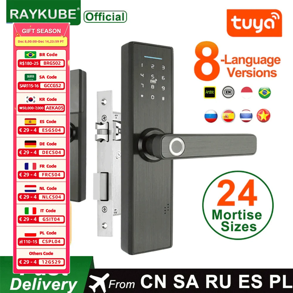 RAYKUBE Wifi Electronic Door Lock With Tuya APP Remotely / Biometric Fingerprint /Smart Card / Password /Key Unlock FG5 Plus/ H4