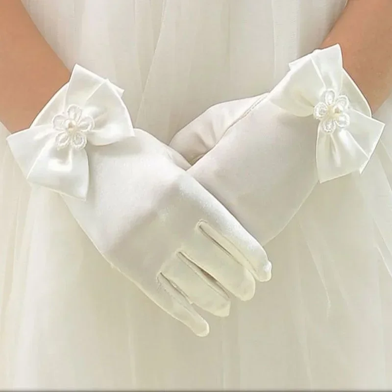 Gants pour enfants en Satin doux à fleurs, blancs, pour enfants, filles, gants de mariage avec nœud, mitaines à la mode pour enfants