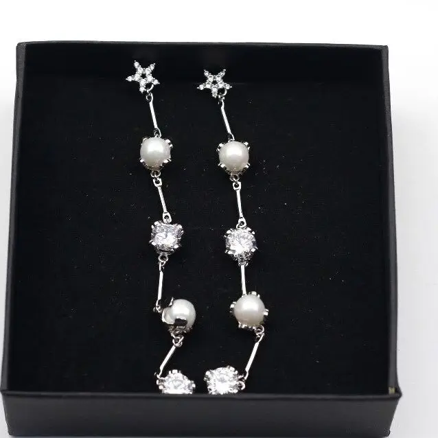 MADALENA SARARA Fashion Women Dangle Earring Cubic Zircon And Pearl Pave Setting Long Earrings