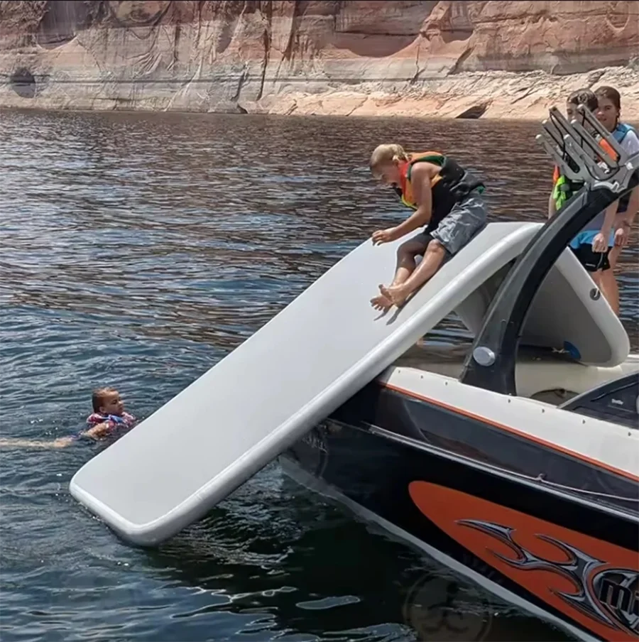 Diapositiva de pontón DWF, tobogán inflable para barco y estera de juego de agua, plataforma flotante funcional dos en uno, ISLANDA deslizante para piscina de lago