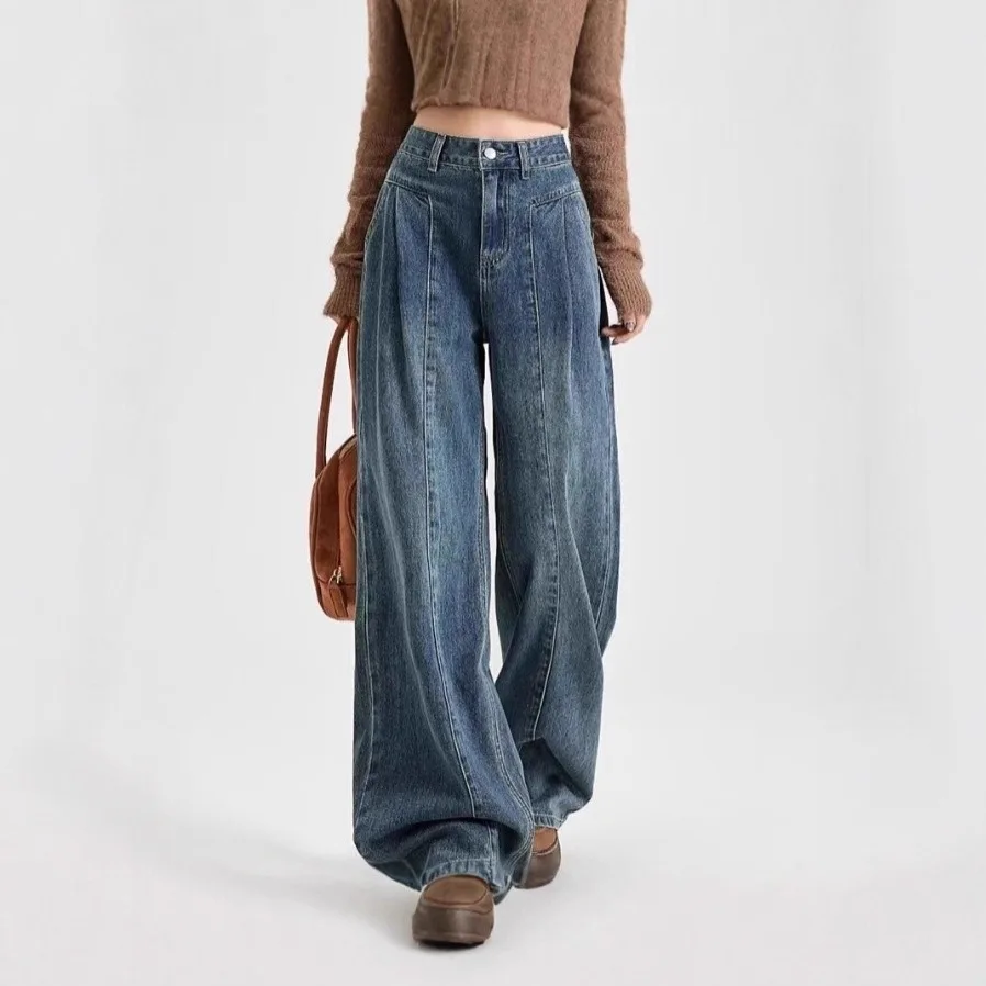 

American sickle jeans women's narrow version banana spring and autumn retro wide leg pants high waisted straight leg loose floor