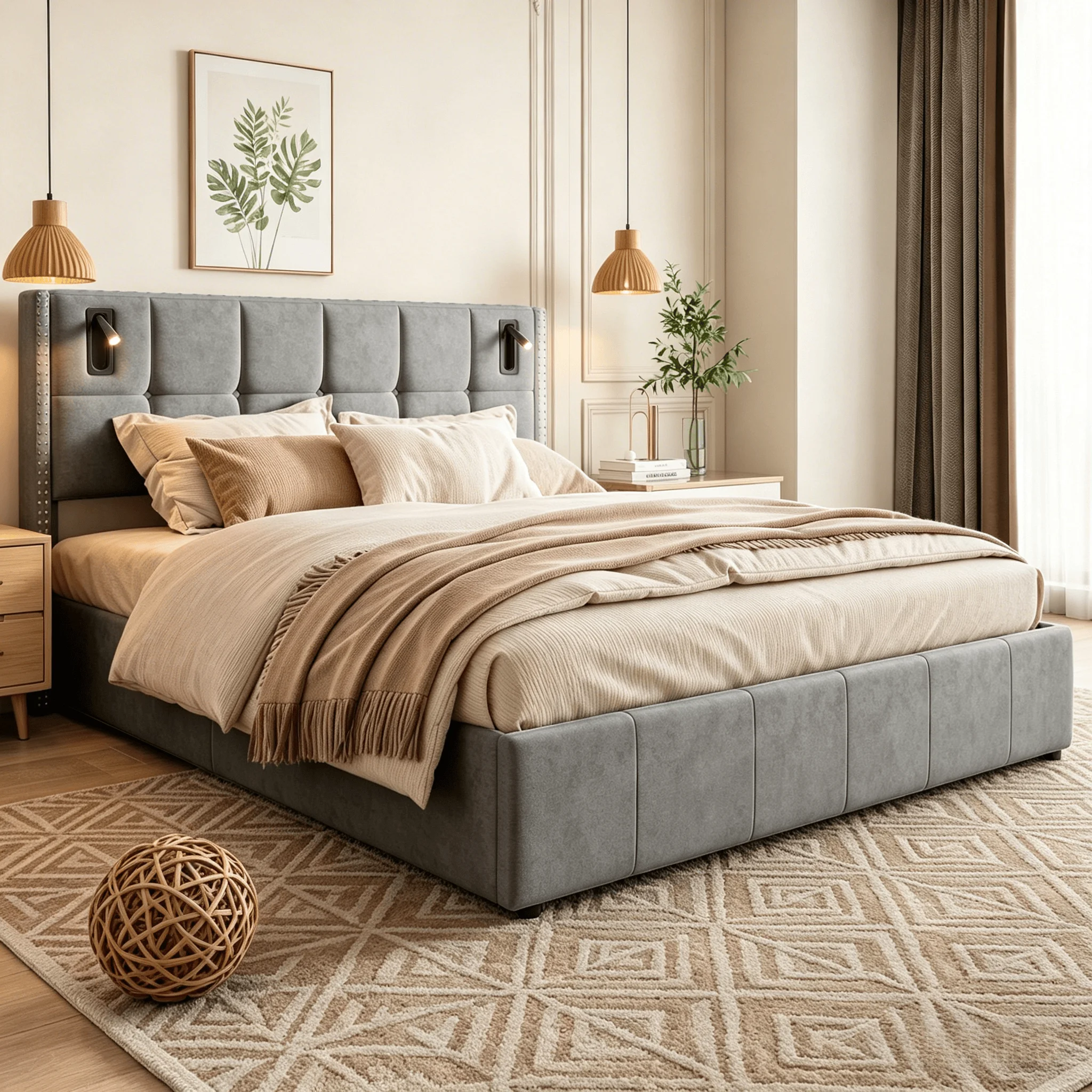 Cama con cajones 140x200 cm/160x200 cm, estructura de cama doble con almacenamiento hidráulico y somier de láminas, equipada con lámpara de lectura LED, Beige/Gris