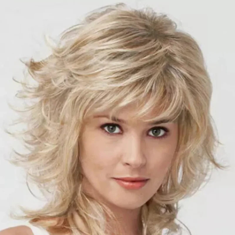 

2025 Medium Length Women Natural Shag Capless Wavy Layered Synthetic Hair Wigs With Bangs Women Daily Use Halloween Wi