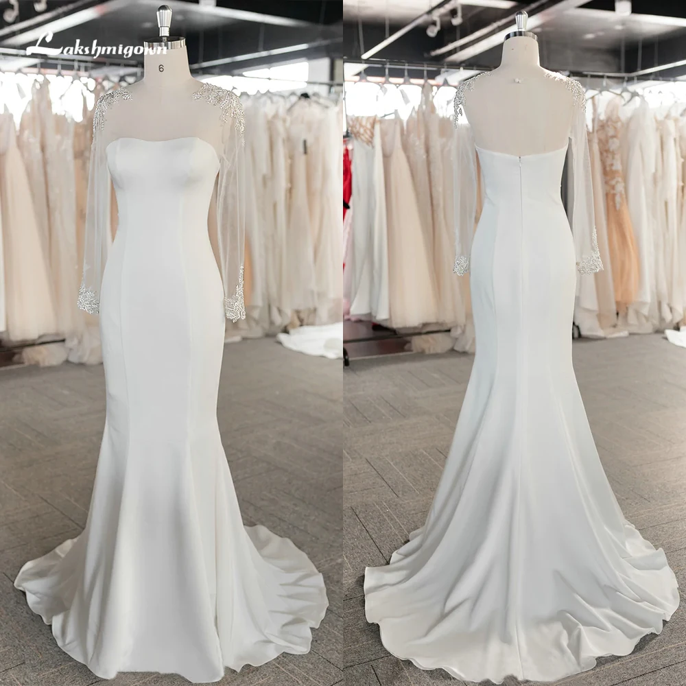 Einfache O Neck Volle Kappe Hülse Spitze Satin Meerjungfrau Hochzeit Kleid Für Frauen Boho Brautkleid Sweep Vestidos De Novia robe De Mariée