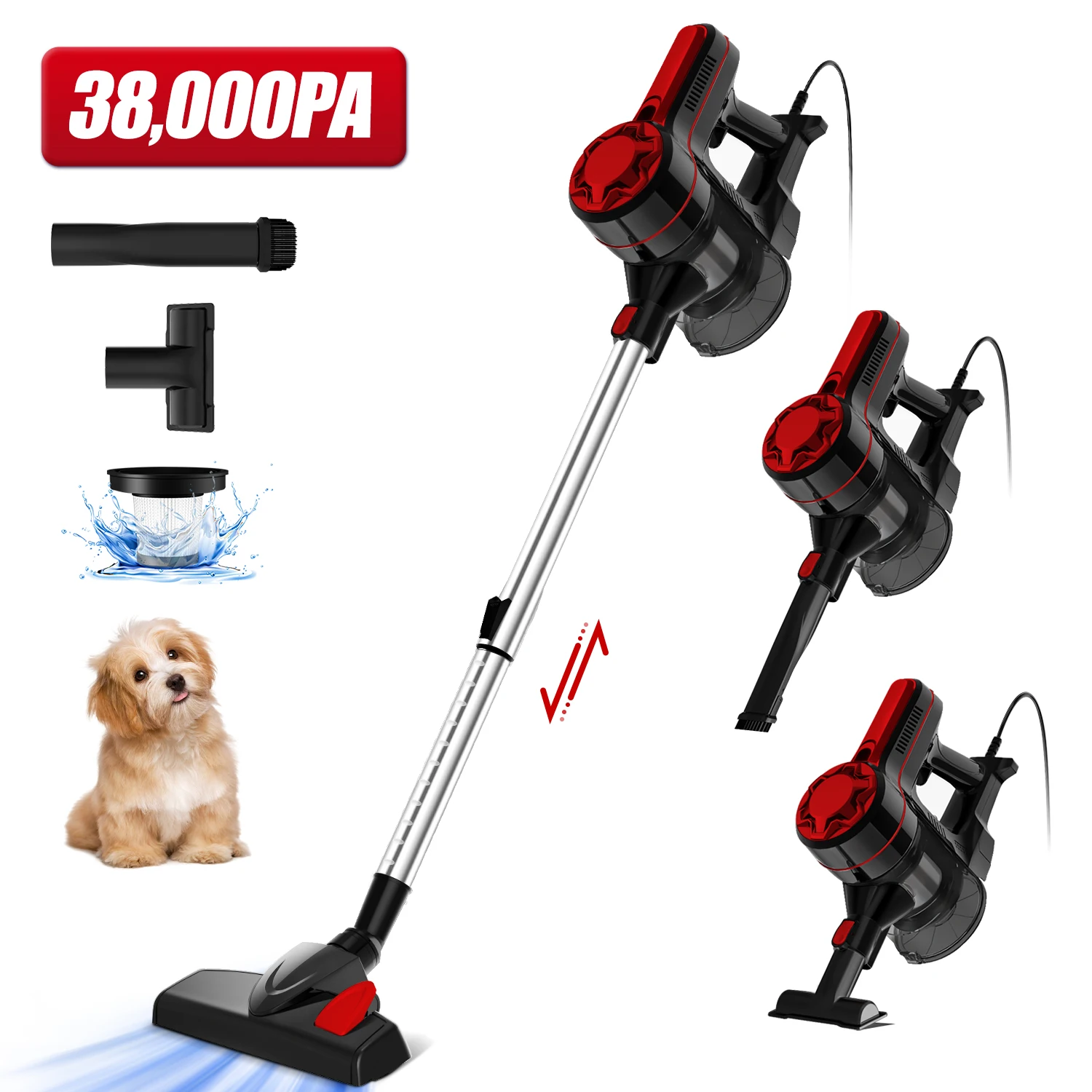 Aspirateur à main filaire 38000Pa 2-en-1 avec câble de 5M pour la maison, les tapis, les sols et les poils d'animaux, bac à poussière de 1,2L, filtre HEPA H13