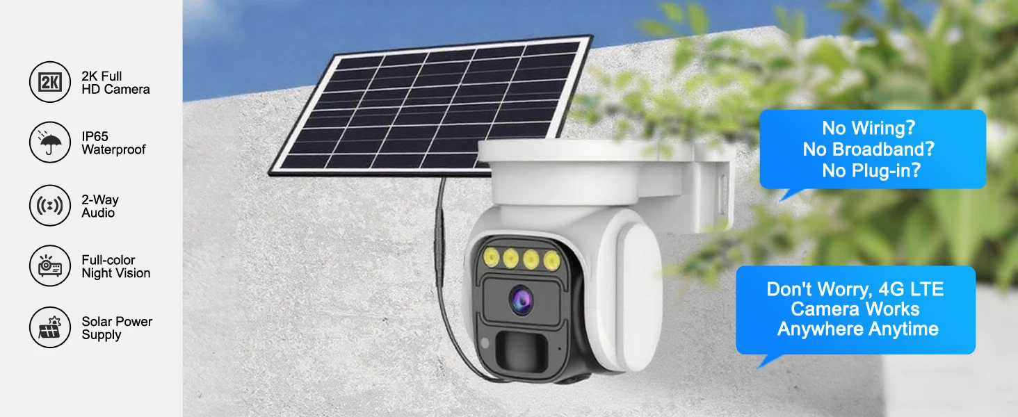 4G LTE Solar Security Camera Outdoor No WiFi, 2K Cellular Wireless Camera with SIM Card, Solar Powered, 360° Live View, Color Night Vision, PIR Motion Alerts, Two-Way Audio, 32GB SD Card Included