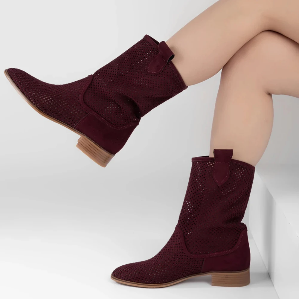 

Burgundy Cowboy Summer Boots for Women 2025 Fashion Low Heel Boots for Women Big Size 35-44