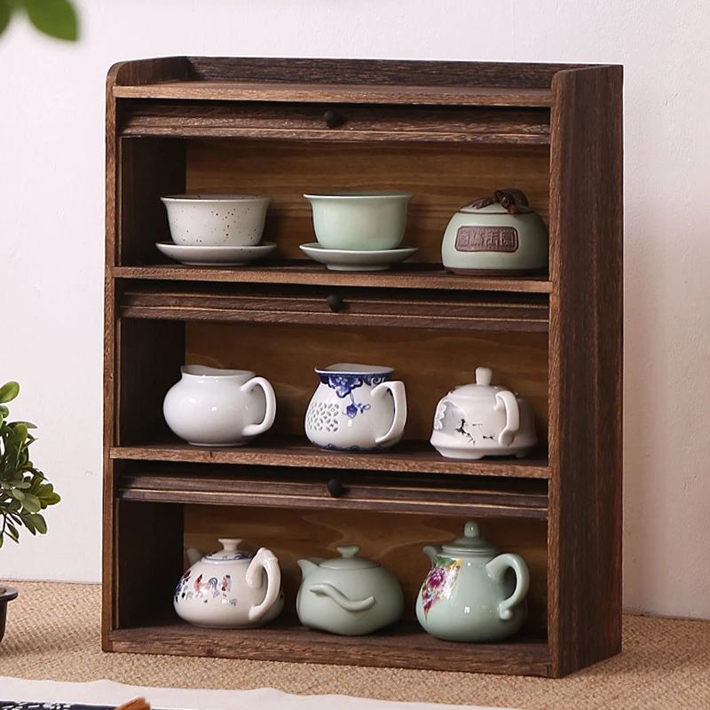 Solid wood roll-up design teacups three-layer storage shelf storage boogie rack teapot rack desktop dustproof tea cabinet