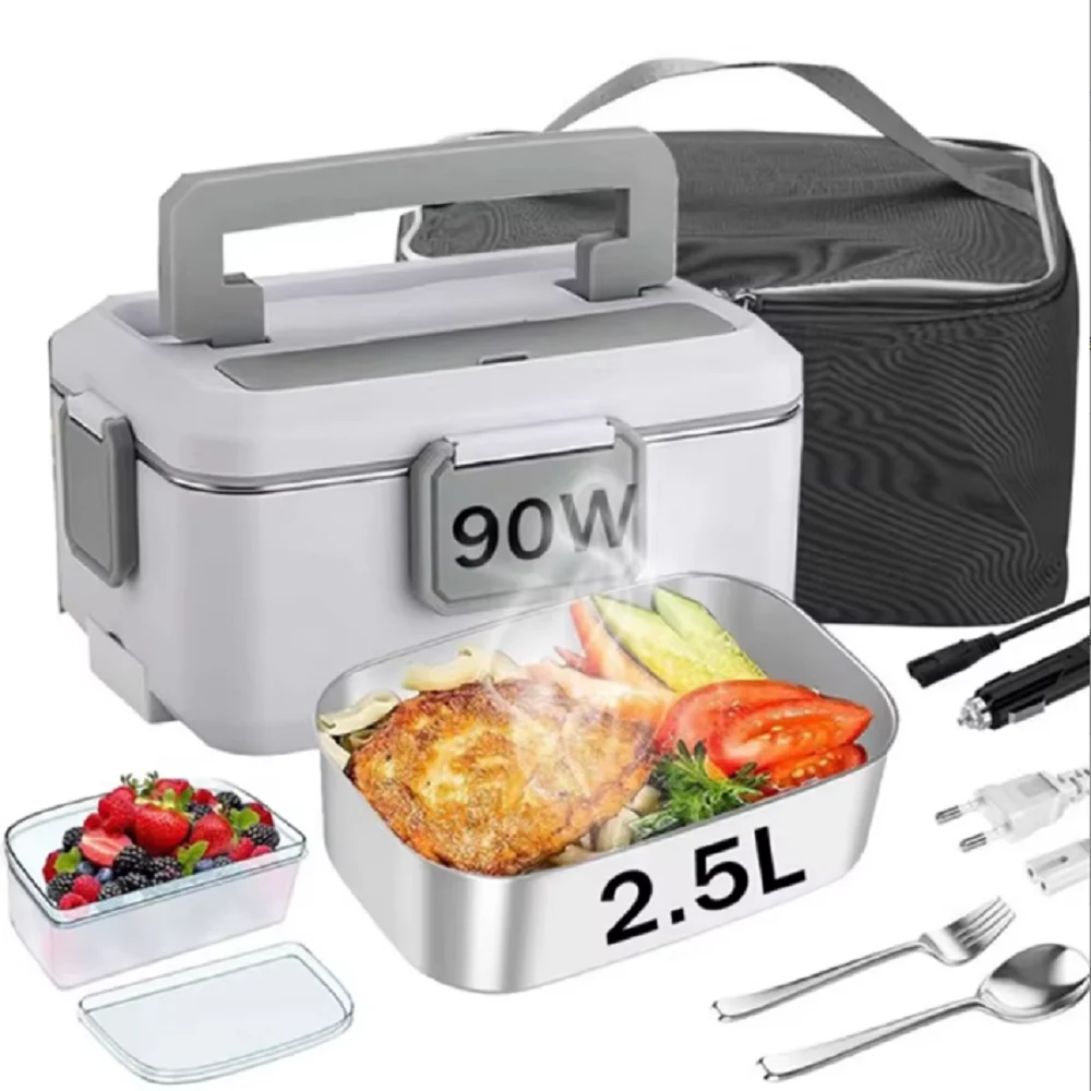 Elektryczny podgrzewany lunch box o pojemności 2,5 l i mocy 90 W, z wyściółką ze stali nierdzewnej, przenośny podgrzewacz do jedzenia, pojemnik na bento, pojemnik na jedzenie do samochodu.
