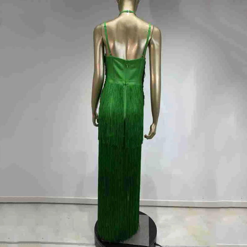 Ailigou 2024 New Women\'S Green Sexy Sleeveless Tight Fringe Long Bandage Dress Elegant Celebrity Party Evening Dress