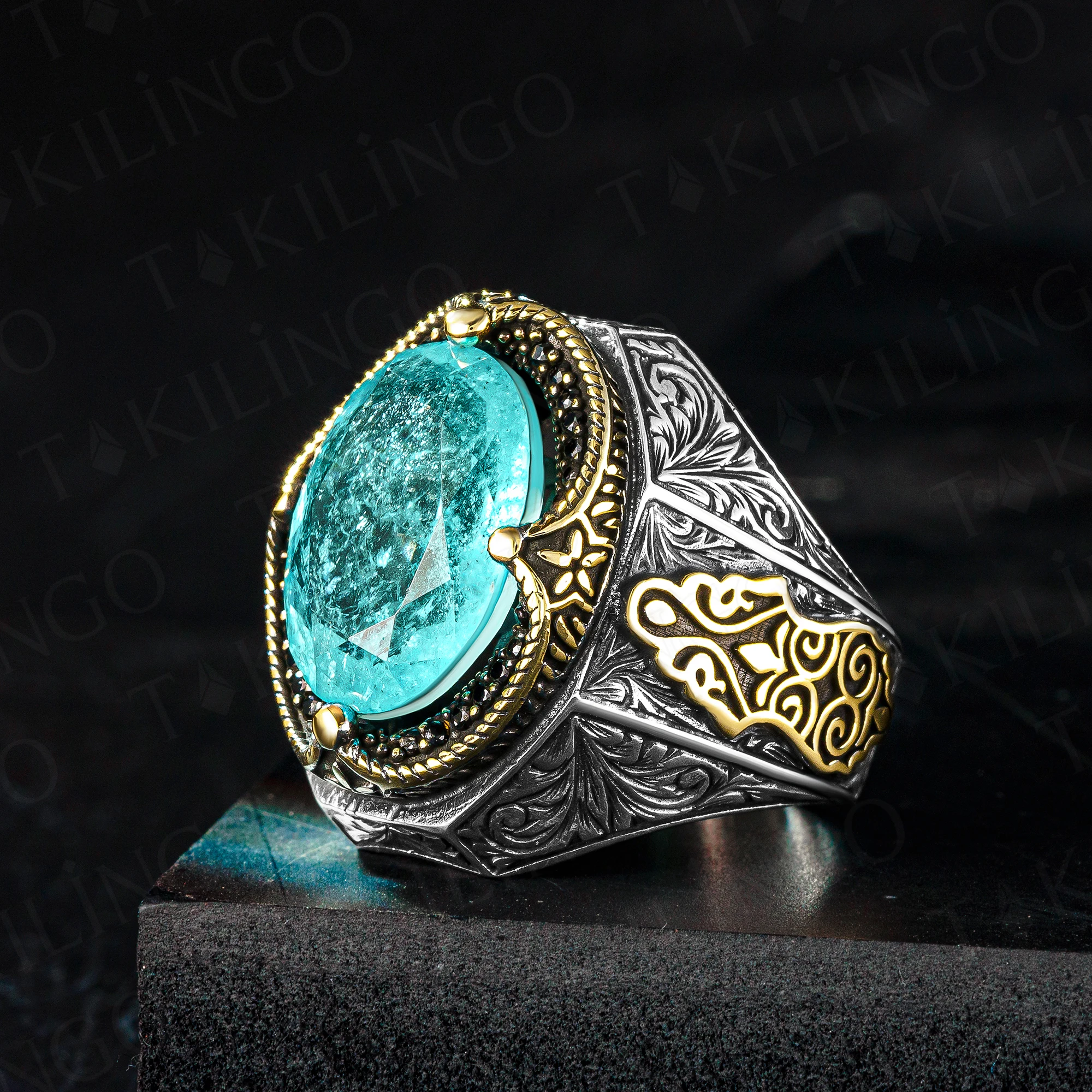 Elegant Solid 925 Sterling Silver Oval Ottoman Design Paraiba With Zircon Men's Ring Turkish Hanmade Silver Jewelry Gift For Men