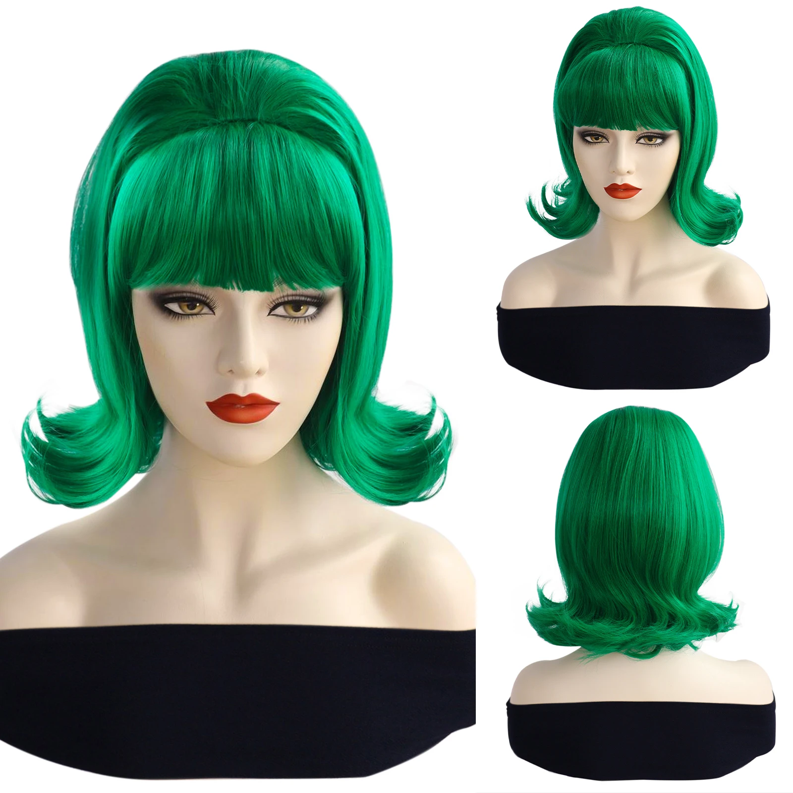 วิกผมสังเคราะห์สไตล์วินเทจวิกผมลอนแบบบีไฮฟ์ทรงสั้นย้อนยุคสีเขียวทรงเกล้ามวยสำหรับผู้หญิงวิกผมคอสเพลย์อะนิเมะหวานน่ารัก