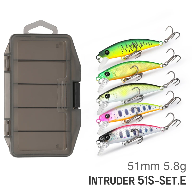 TSURINOYA Intruder 51S Set Sinking Minnow 5 Stück mit Köderbox 46mm 5g Stream Lake Hard Bait für Forellen-, Ajing-, Bass- und Hechtangeln-Set