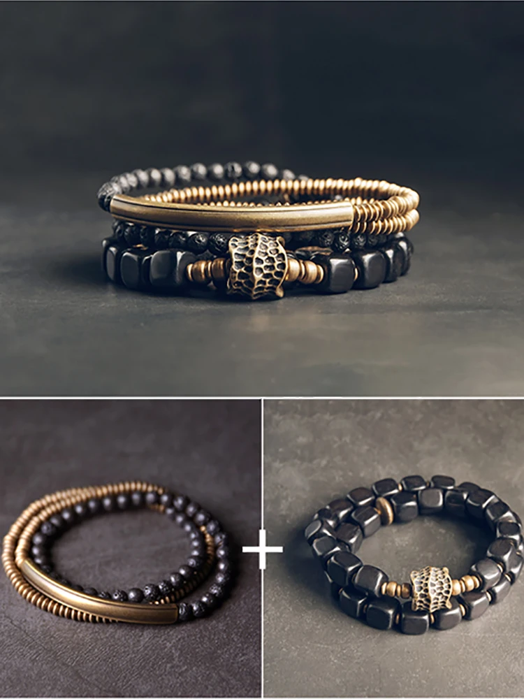 Set Ebony Brass Two Tone Rustic Hand Forged Bracelet Oxidized Hammered Charm Jewelry Individual Wrist Accessory Unisex