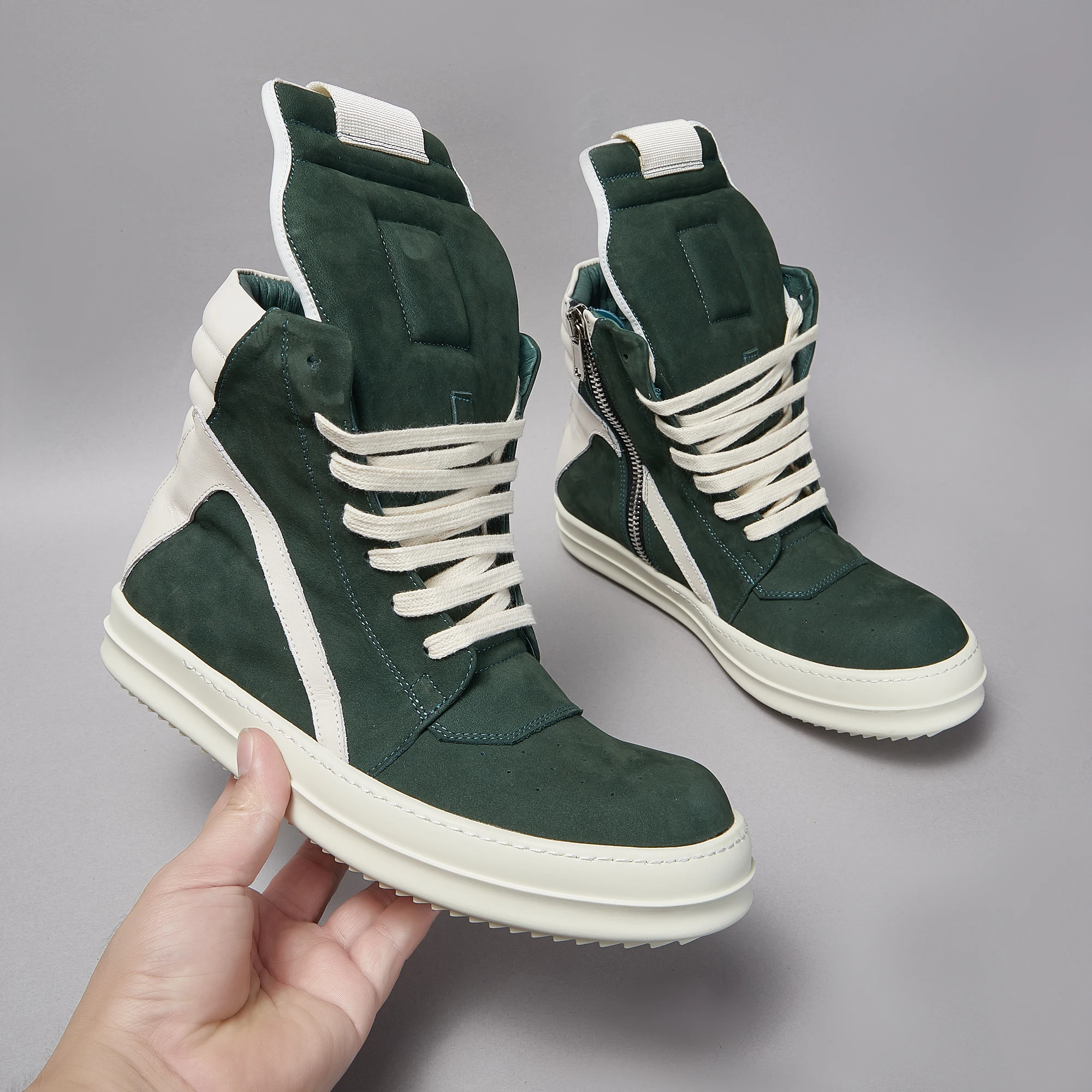 أحذية رياضية عالية الجودة للرجال والنساء، جلد بلوري، أحذية كاحل بسحاب أخضر، أحذية رياضية مسطحة، طراز مصمم فاخر #1