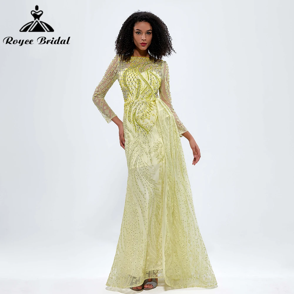 

Roycebridal Luxury Beaded Yellow Mermaid Dubai Evening Dresses Gowns With Overskirt 2024 For Women Party فستان حفلات الزفاف