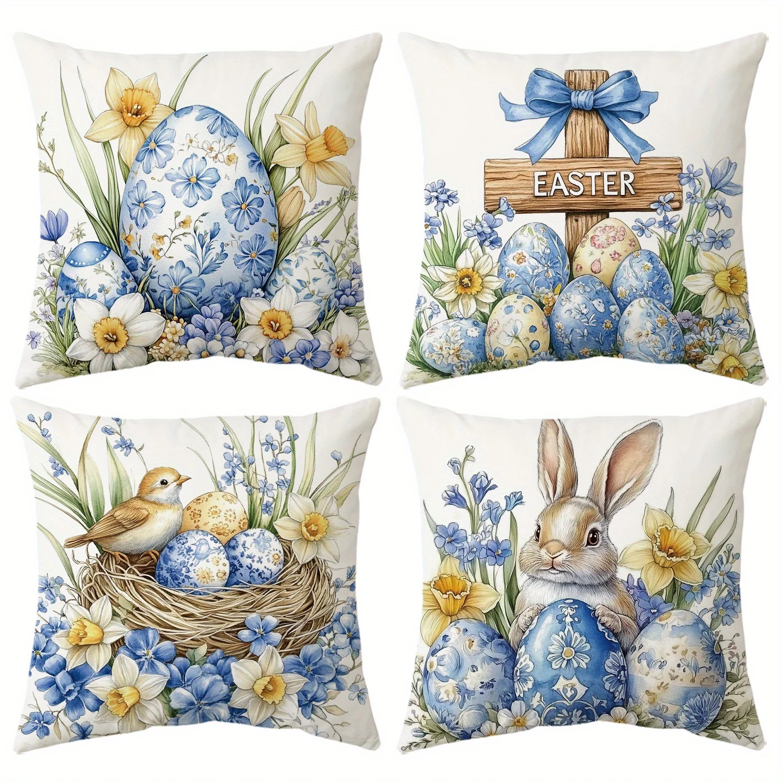 

Plush Blue and White Easter Throw Pillow Cover, Watercolor Pattern Bunny Egg Flower Home Decor Cushion Cover