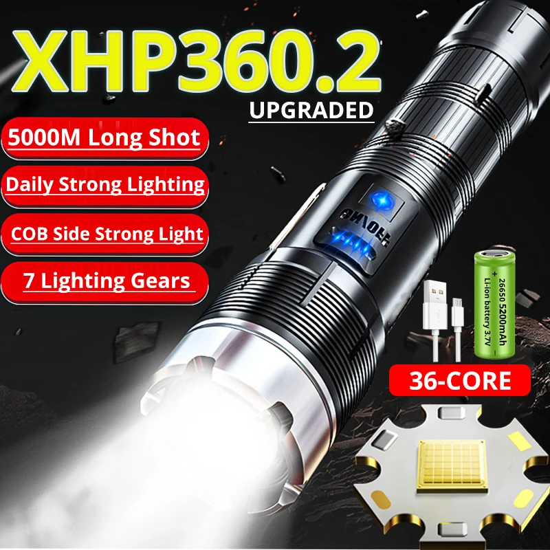 NEW Super Strong XHP360.2 LED Flashlight Portable USB Torch XHP120 Zoom Lantern Tactical Powerbank Light Self Defense for Campe