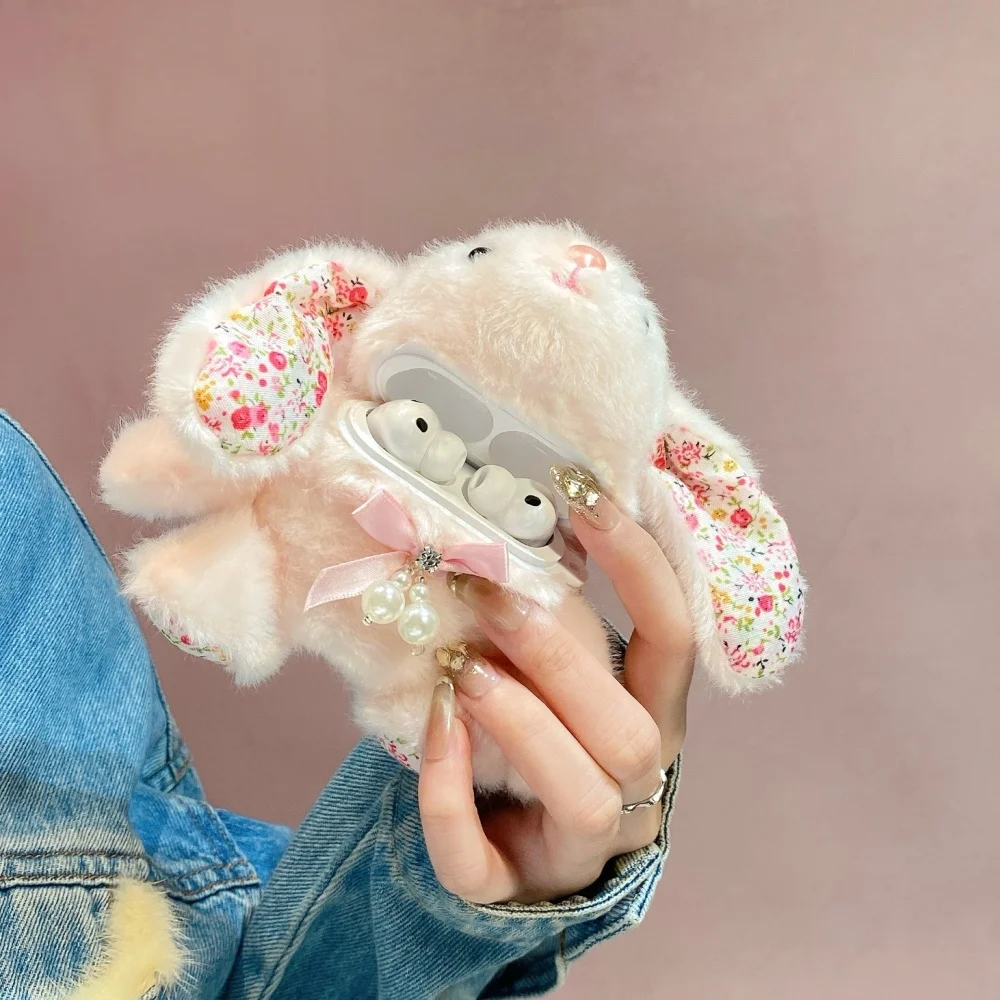 New Fashion Cute Pink Plush Big Ear Rabbit Headphone Case for Apple AirPods 2 3 4 Pro2 Pro3 Protective Case Sweet INS Girls Gift view 2