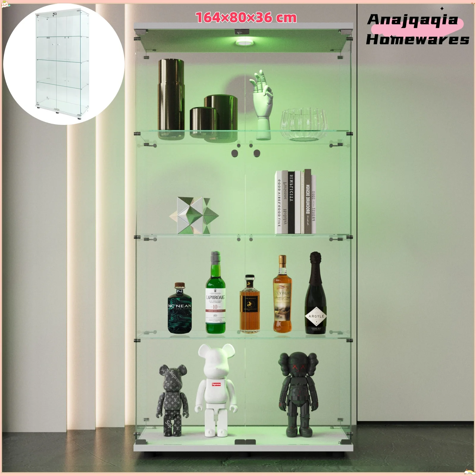 Anajqaqia Vetrina in vetro a 4 strati e 2 ante, 164×80×36 cm, con luce e serratura, armadio portaoggetti in vetro da terra, bianco