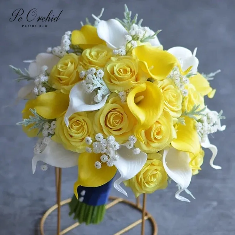 PEORCHID Spring Yellow White Bride Bouquet Real Touch Calla Lilies Bridesmaids Bouquets Artificial Flowers Wedding Accessories