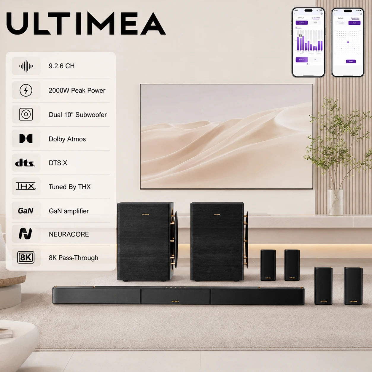 ULTIMEA 2000W 9.2.6 Soundbar mit Dolby Atmos & DTS:X, THX-Tuned Wireless Surround Sound System, Dual 10-Zoll-Subwoofer, GaN-Verstärker