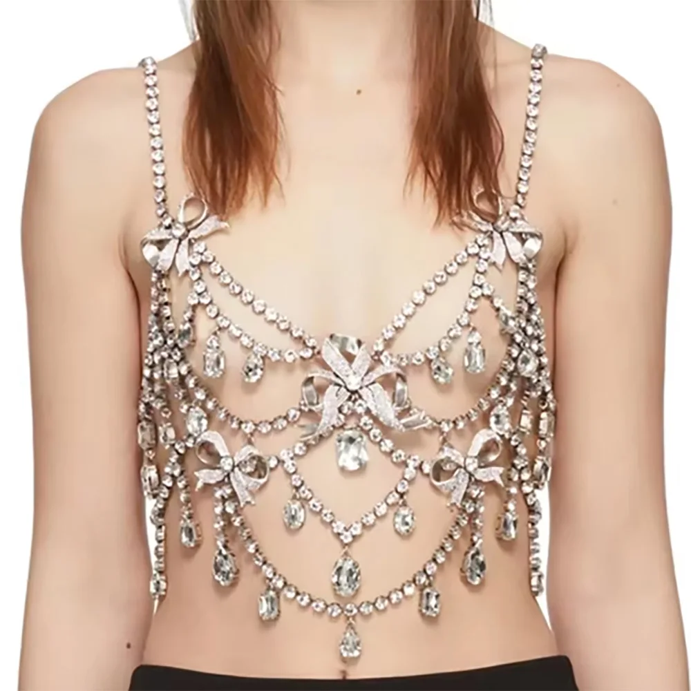 Rhinestone Sexy Butterfly Body Chain Top Exaggerated Pendant Silver Crystal Bra Chain Festival Stage Costume Jewelry For Women