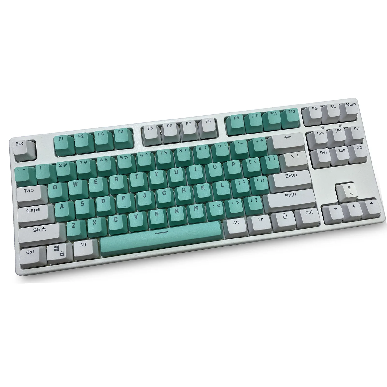 Blanco cian 87 teclas, teclas de teclado mecánico de altura OEM de material PBT, caracteres de doble retroiluminación, teclas de juego transparentes