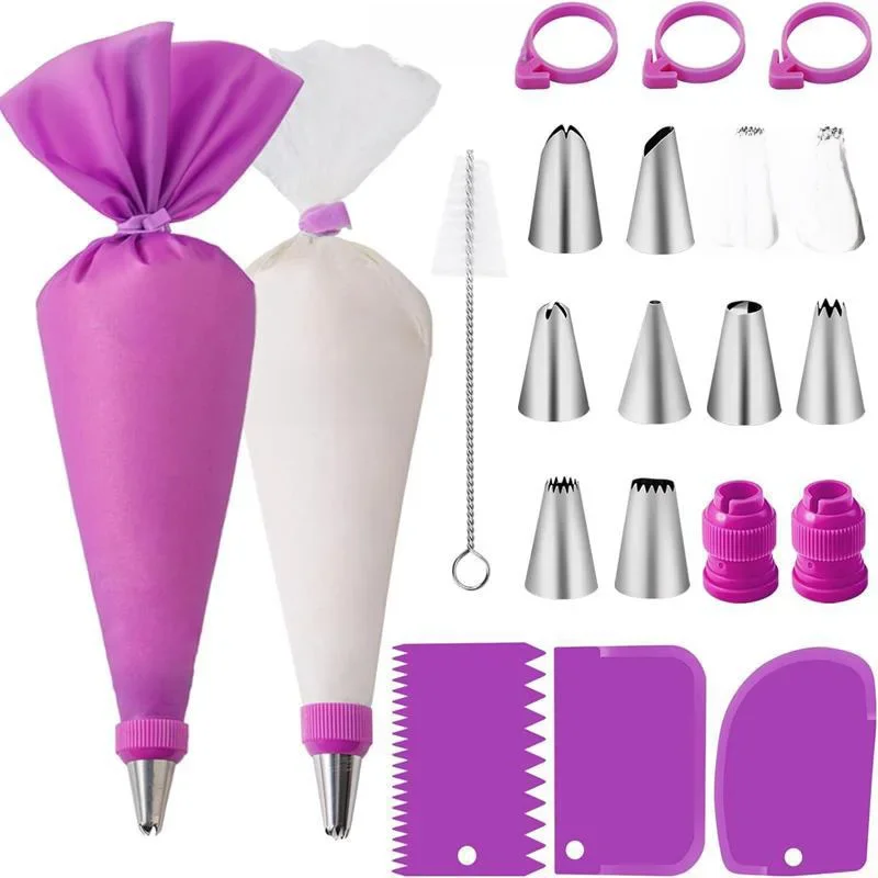 Conjunto de sacos e pontas de tubulação de silicone, kit de decoração diy de bolo com bico de aço