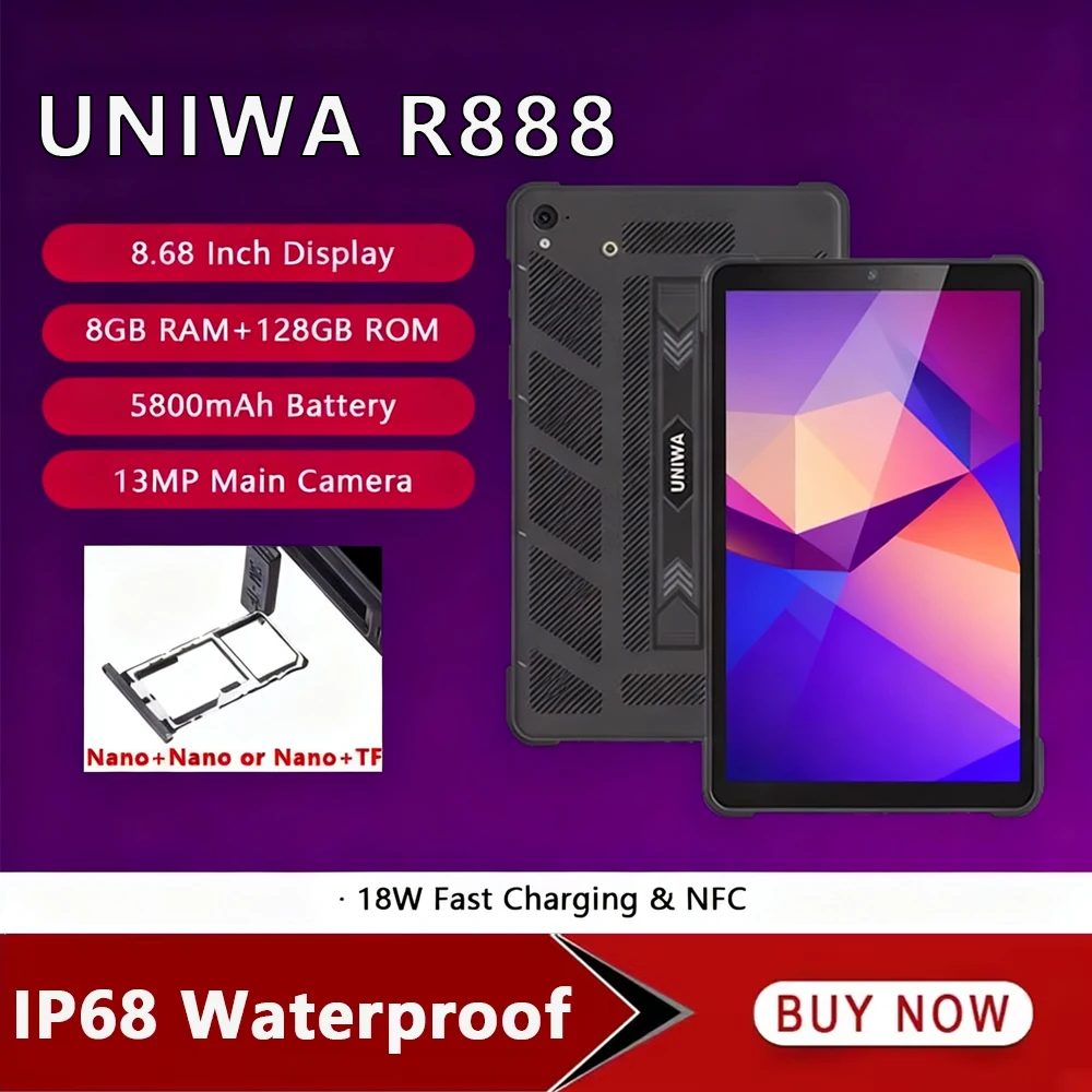 2025 جديد UTAB R888 8.68 بوصة أندرويد اللوحي IPS عرض ثماني النواة 8 جيجابايت رام 128 جيجابايت روم ثنائي الشريحة واي فاي BT جوجل بلاي الكمبيوتر اللوحي NFC