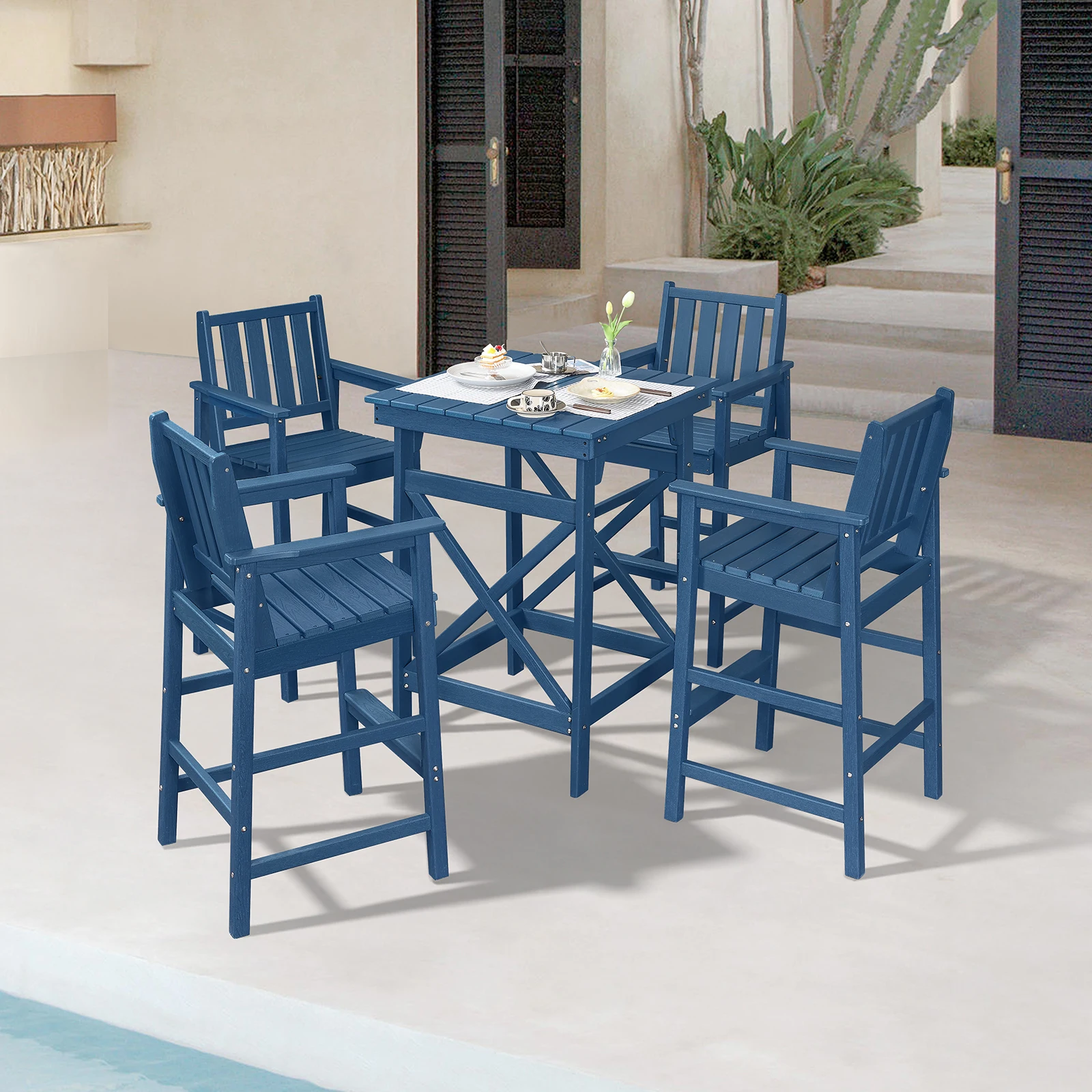 SeeHill Navy 5-Piece HDPE Bar Height Table & Chairs Set, Tall Outdoor Bar Stools, Patio Bar Sets for Pool, Garden
