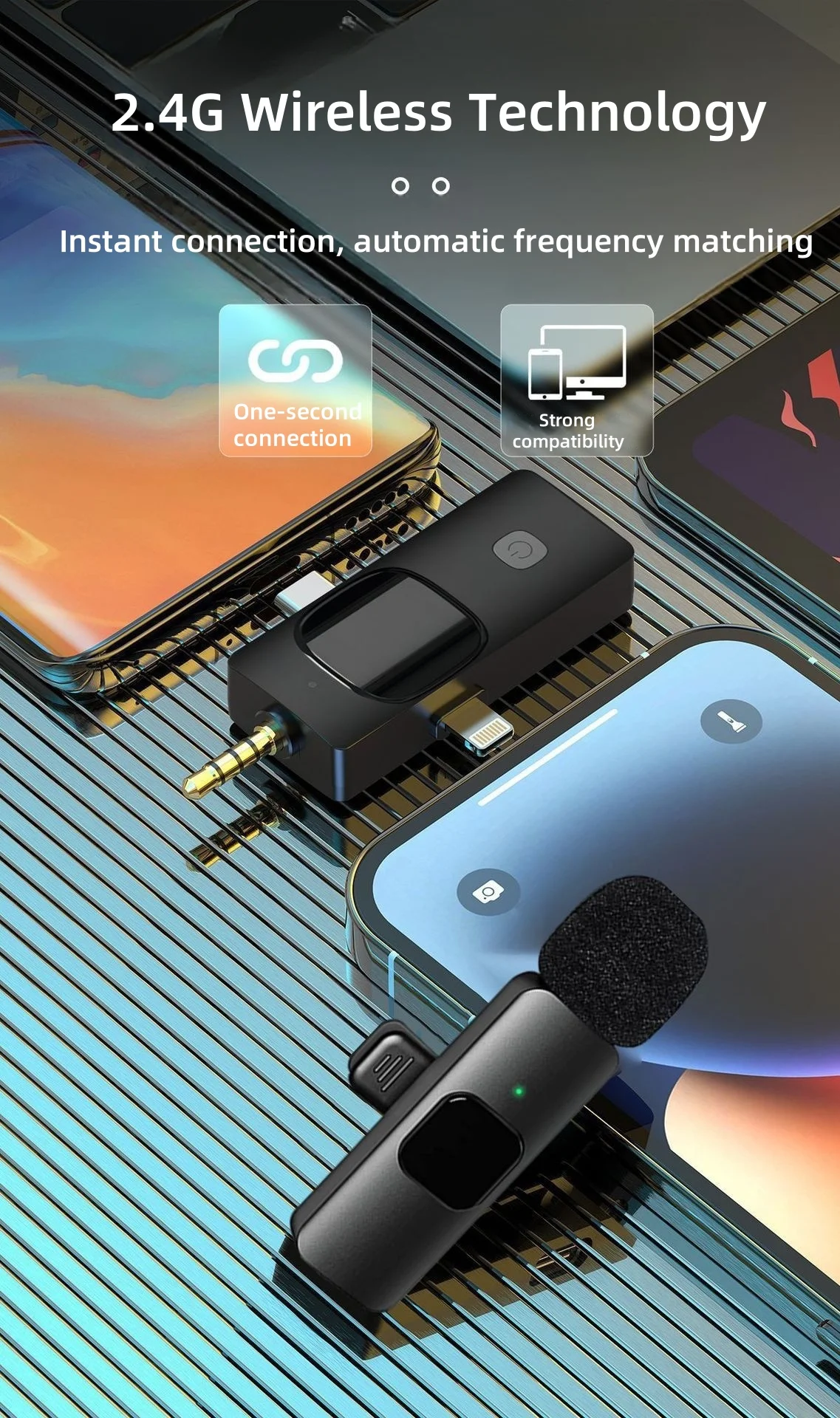 2.4G ميكروفون لاسلكي Lavalier 3 في 1 ميكروفون لاسلكي لطية صدر السترة آيفون أندرويد تسجيل الصوت والفيديو هيئة التصنيع العسكري البث المباشر للألعاب