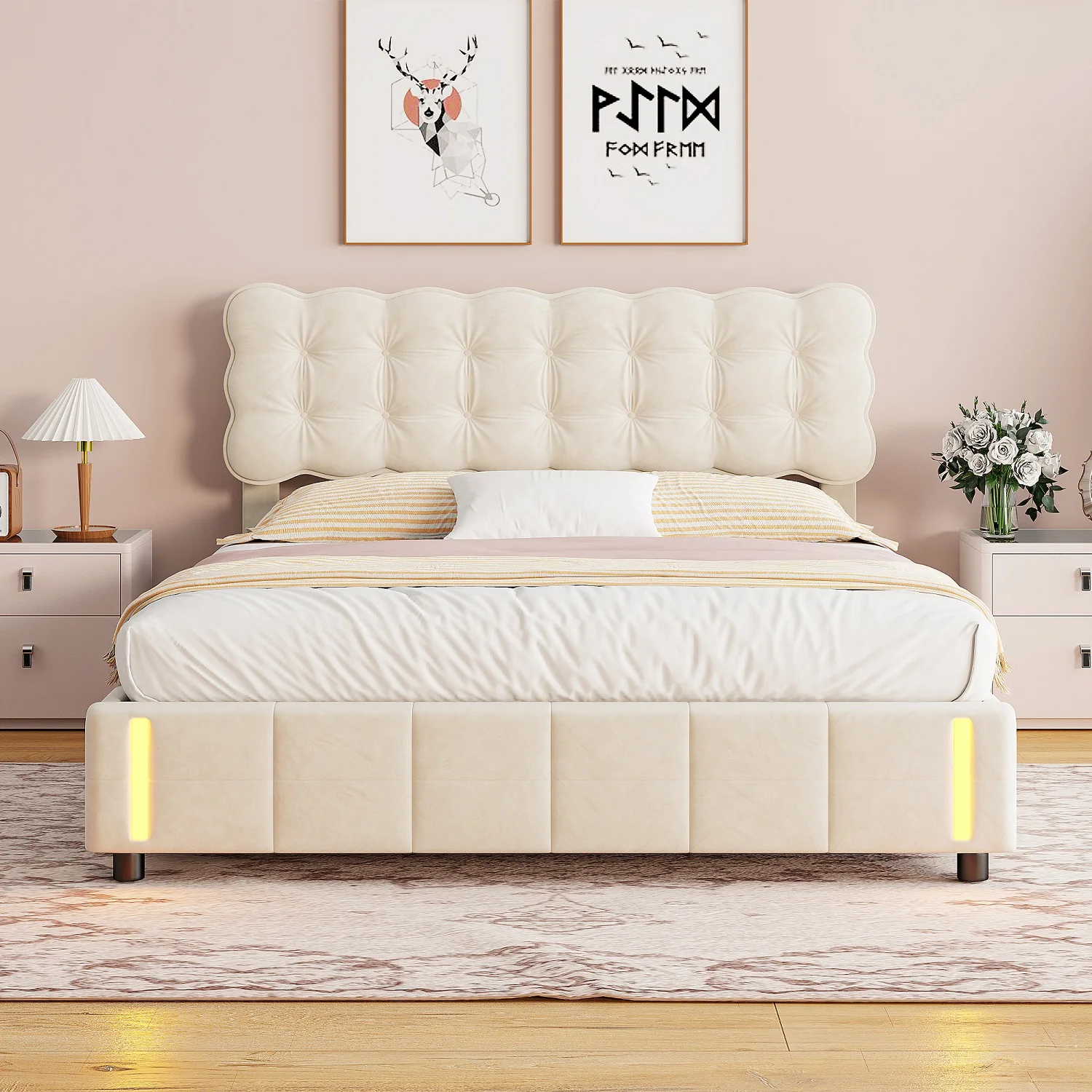 Lit double 140x200 cm avec éclairage LED, lit rembourré avec rangement et sommier à lattes, tête de lit, lit avec rangement, beige, velours