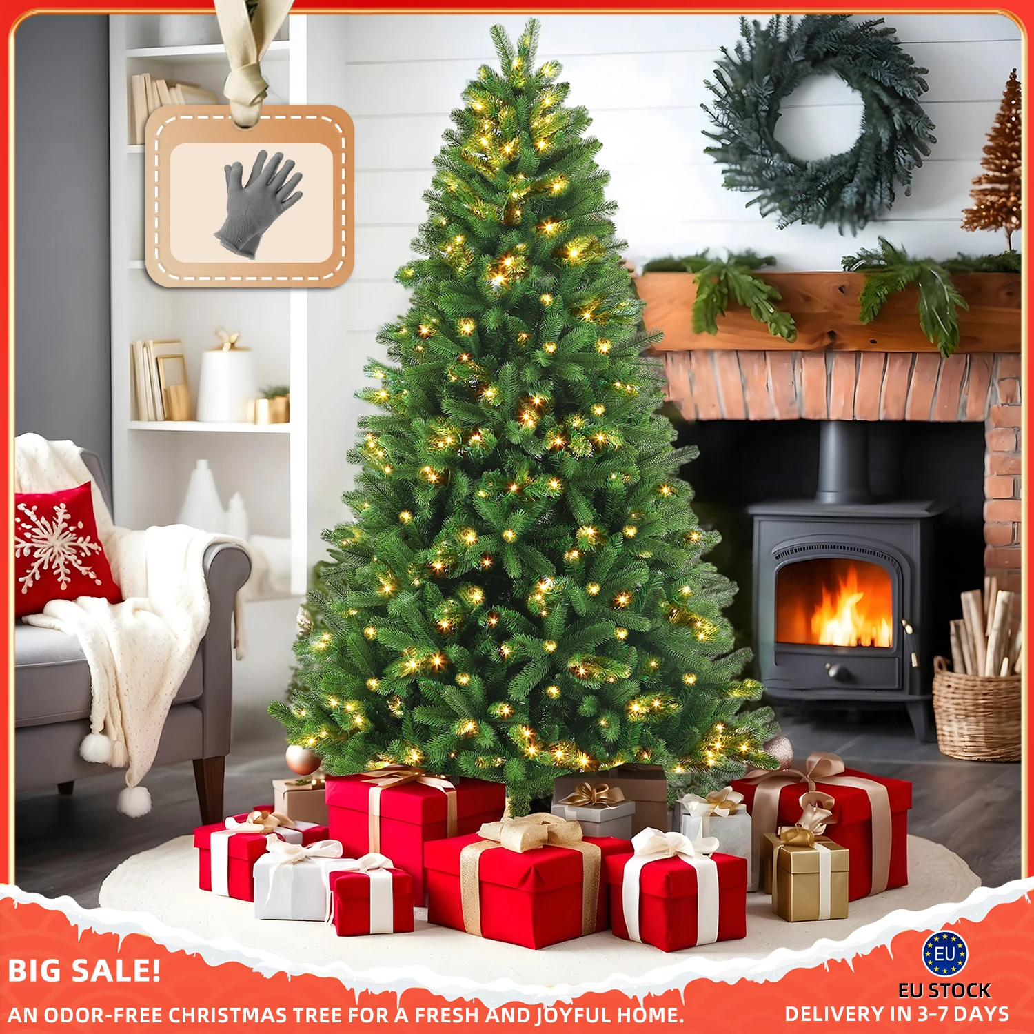 Arbres de noël artificiels 180/210/235CM, lumières LED 250/350/450, pointes 1000/1276/1684, PVC + PE, arbre sur pied en bois, décoration de fête