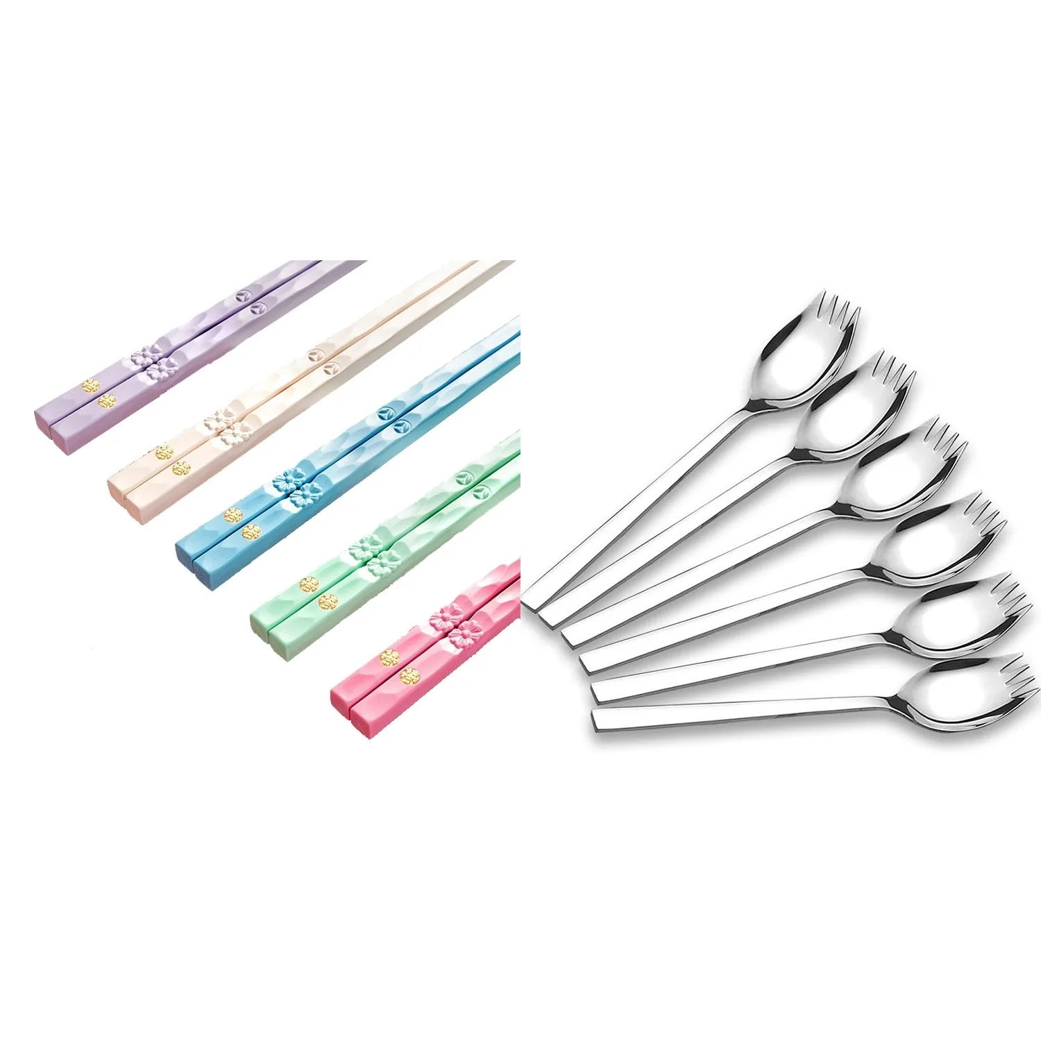 

Chopsticks Reusable,Chop Sticks & Forks Stainless Steel,Soup Spoons, Multicolor Reusable Chopsticks Dishwasher Safe (6 Pcs)