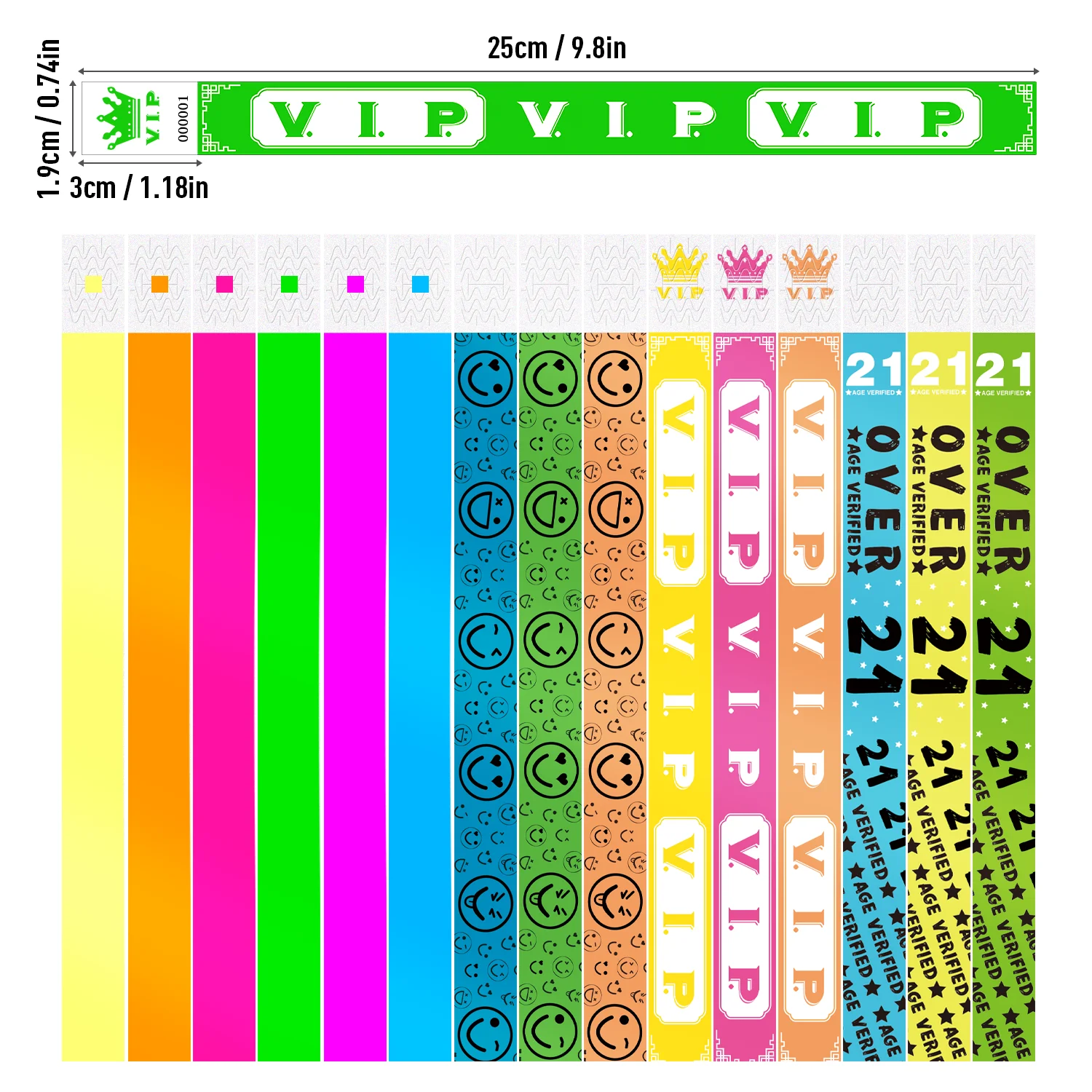 1000pcs Waterproof & Tearproof Fluorescent Disposable Wristbands - Smiley Face VIP Paper  Anti-tamper Identification Bracelets