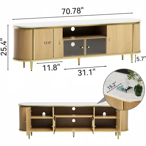 Luxury 70 Inch Fluted TV Stand With Storage, Modern Entertainment Center For TVs Up To 80 Inch, Curved Edge Media Console With Spacious Tabletop And Glass Doors, Natural Wood Finish For Living Room