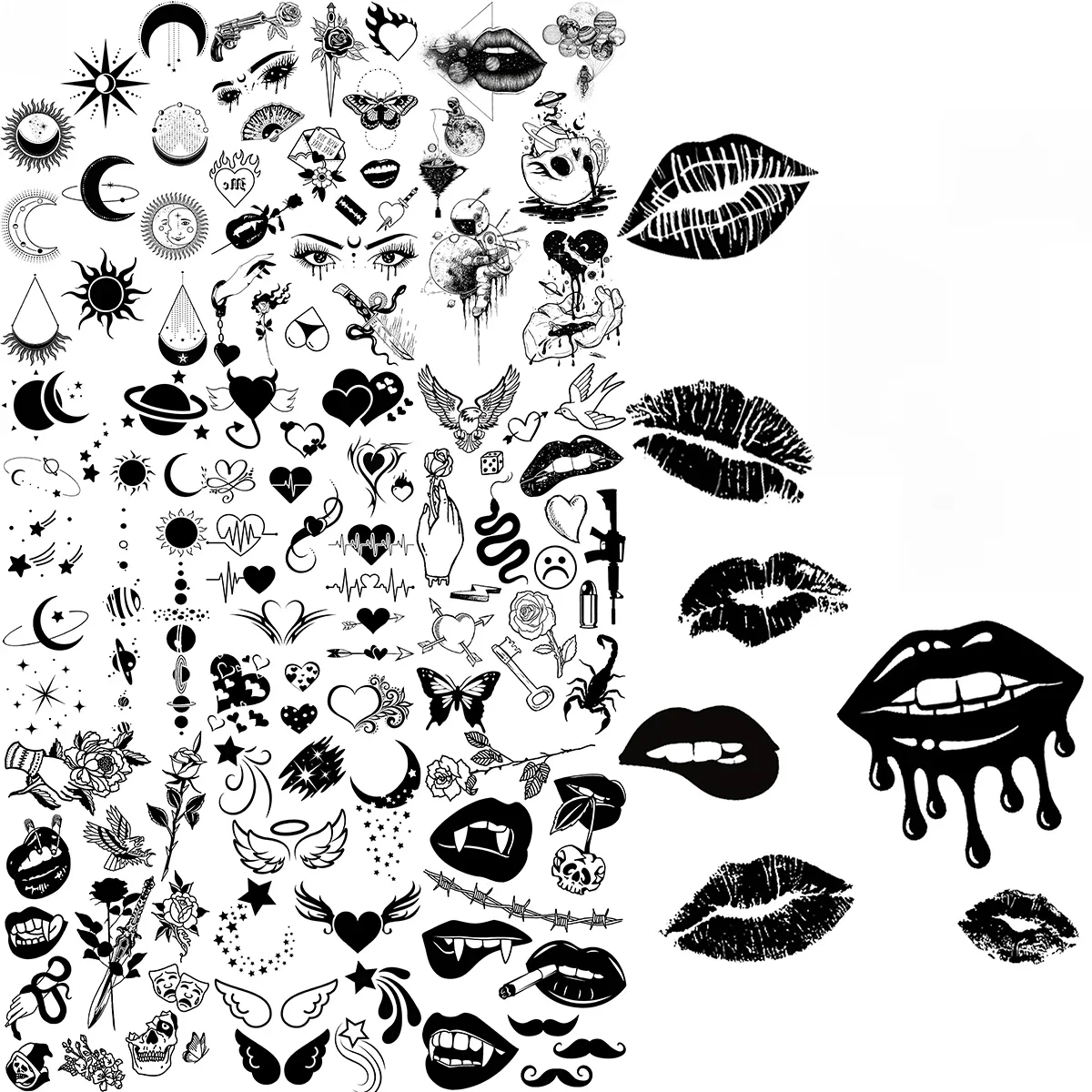 Faux tatouages temporaires pour femmes et hommes, lèvres noires, yeux réalistes, crâne planète, ficelle, autocollant, pour le corps et la main, offre spéciale, petite taille