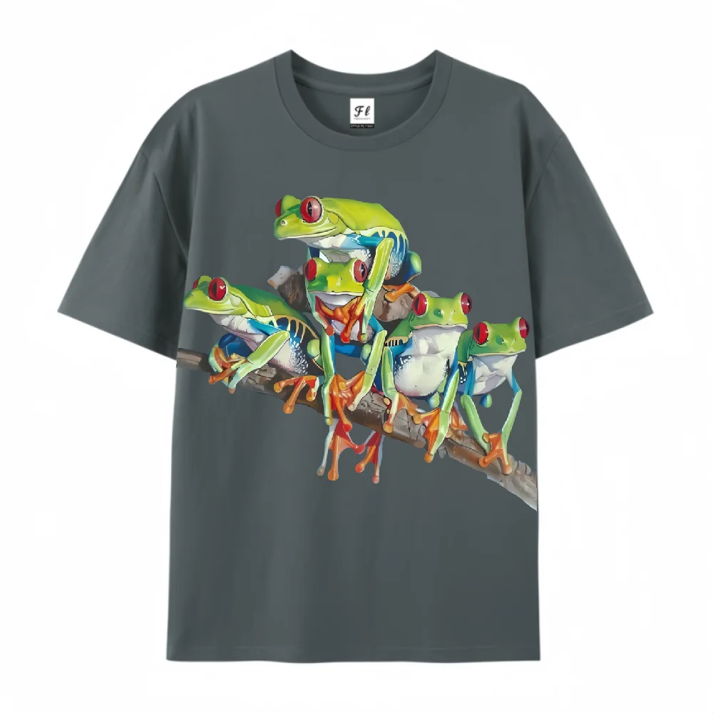 

Яркая красноглазая футболка с изображением лягушек, негабаритная футболка с круглым вырезом, стильная тематическая одежда с дикой природой, мягкая дышащая футболка для женщин