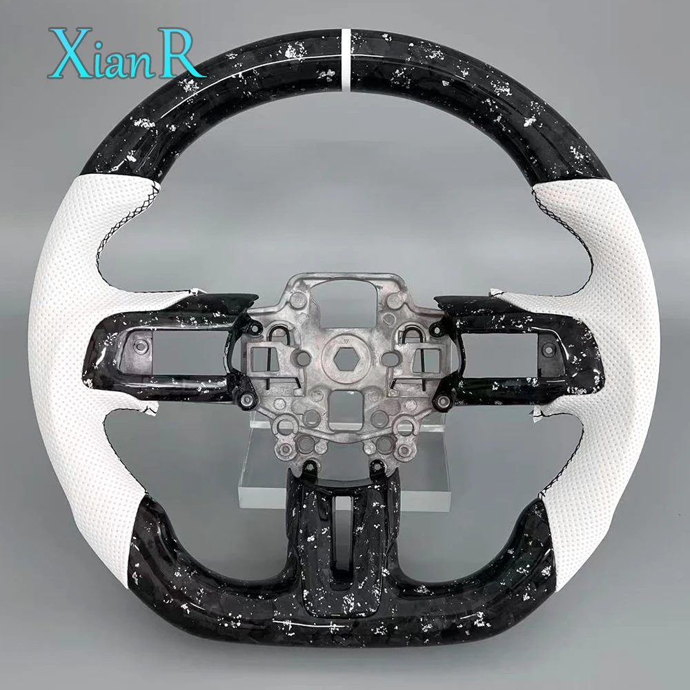 

Custom Silver Forged Carbon White Perforated Leather Steering Wheel for Ford Mustang 2015-2017 2018- 2023